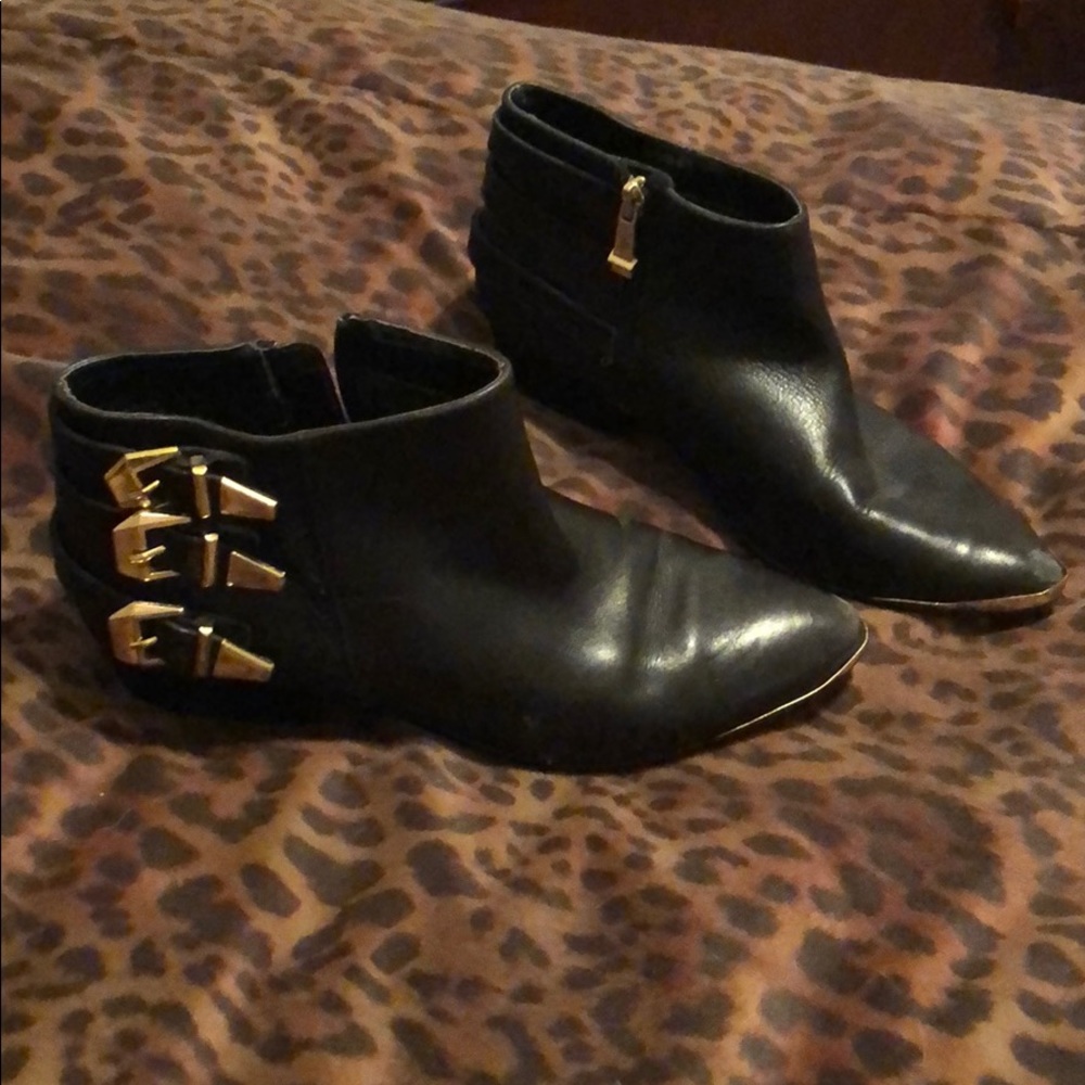 Black Leather Booties with Gold Buckles